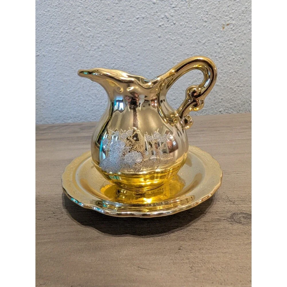 Vintage Made in Japan Gold Luster Peacock Pitcher Basin Bowl Set Floral Bird